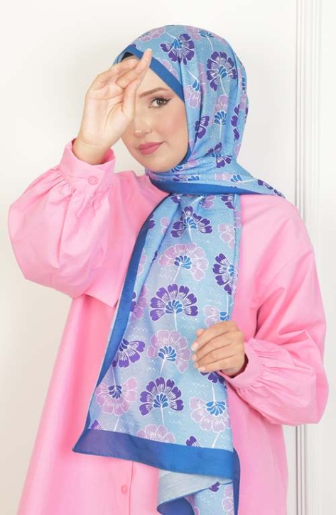 BURDEN İPEK - Begonvil Soft Pamuksu Desenli Şal İndigo