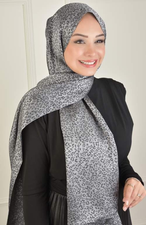 BURDEN İPEK - Black Shine Jacquard Leopard Pattern Shawl Anthracite