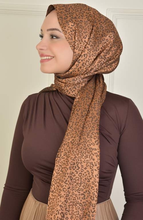 BURDEN İPEK - Black Shine Jacquard Leopard Pattern Shawl Cinnamon