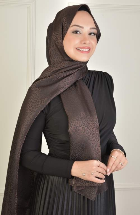 BURDEN İPEK - Black Shine Jacquard Leopard Pattern Shawl Dark Coffee