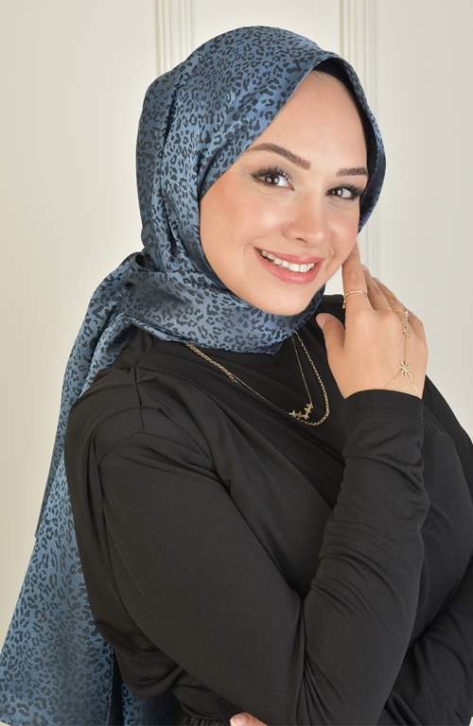 BURDEN İPEK - Black Shine Jacquard Leopard Pattern Shawl İndigo