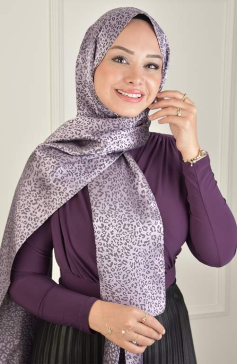BURDEN İPEK - Black Shine Jacquard Leopard Pattern Shawl Lilac