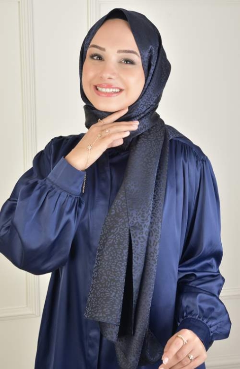 BURDEN İPEK - Black Shine Jacquard Leopard Pattern Shawl Navy blue