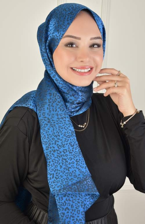 BURDEN İPEK - Black Shine Jacquard Leopard Pattern Shawl Sax