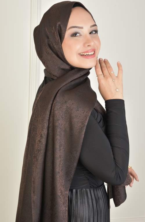 BURDEN İPEK - Black Shine Jacquard Miramir Pattern Shawl Bitter coffee