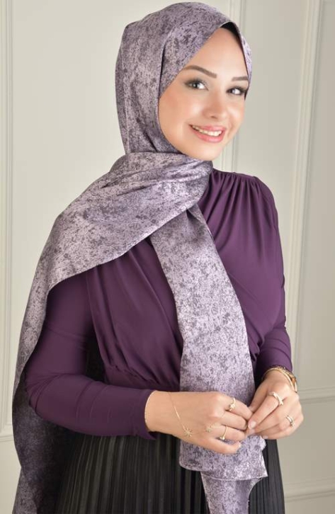BURDEN İPEK - Black Shine Jacquard Miramir Pattern Shawl Lilac