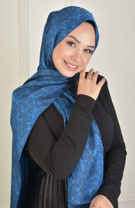 BURDEN İPEK - Black Shine Jacquard Miramir Pattern Shawl Sax