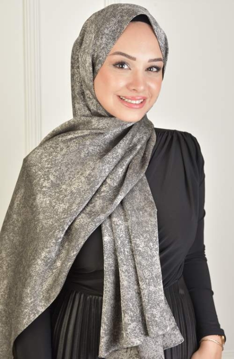 BURDEN İPEK - Black Shine Jacquard Miramir Pattern Shawl Stone