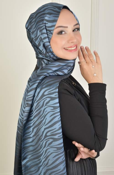 BURDEN İPEK - Black Shine Jacquard Zebra Pattern Shawl İndigo BURDEN İPEK - Black Shine Jacquard Zebra Pattern Shawl İndigo