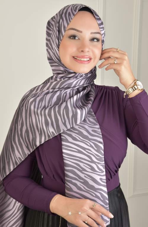 BURDEN İPEK - Black Shine Jacquard Zebra Pattern Shawl Lilac BURDEN İPEK - Black Shine Jacquard Zebra Pattern Shawl Lilac