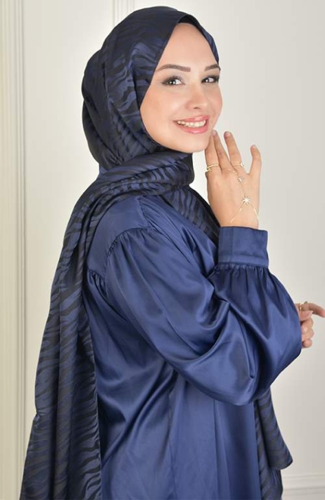 BURDEN İPEK - Black Shine Jacquard Zebra Pattern Shawl Navy Blue BURDEN İPEK - Black Shine Jacquard Zebra Pattern Shawl Navy Blue