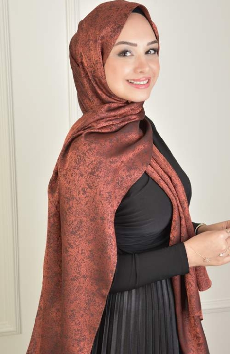 BURDEN İPEK - Black Shine Jakar Mıramır Desen Şal Koyu Kiremit