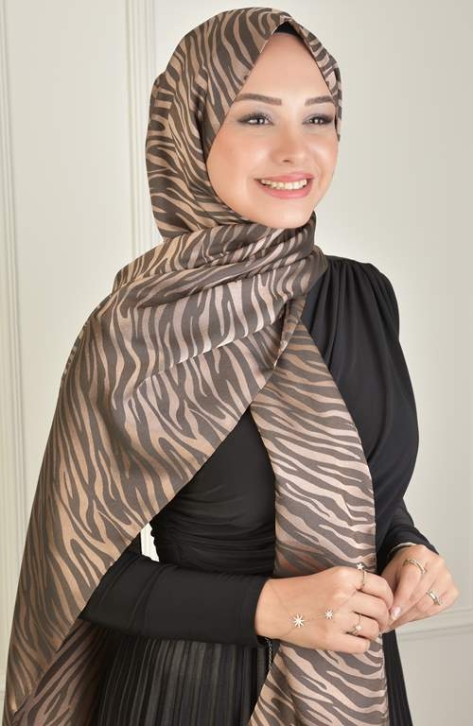 BURDEN İPEK - Black Shine Jakar Zebra Desen Şal Kahve