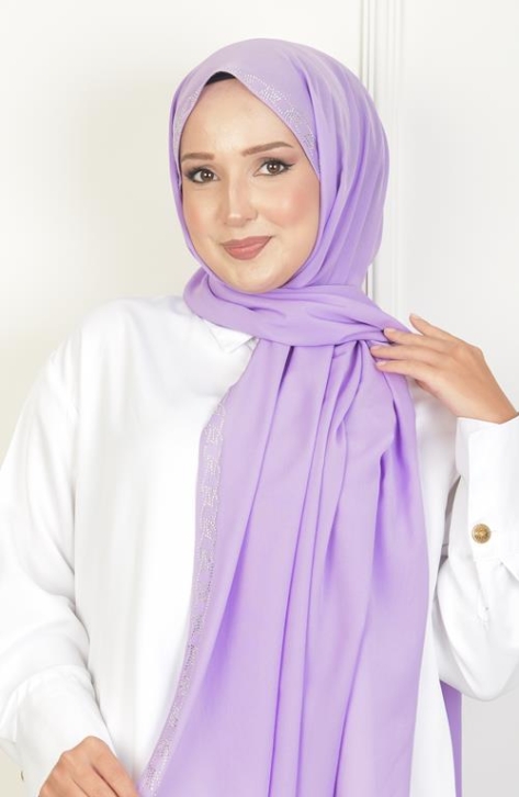 BURDEN İPEK - Burgu Taşlı Şifon Şal Lila