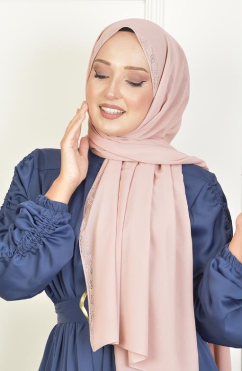 BURDEN İPEK - Burgu Taşlı Şifon Şal Pudra