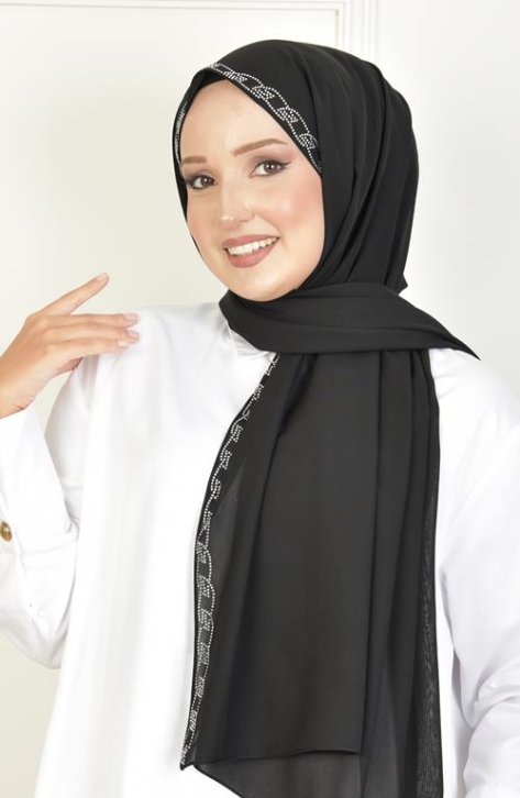 BURDEN İPEK - Burgu Taşlı Şifon Şal Siyah