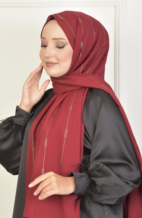 BURDEN İPEK - Çizgi Taşlı Şifon Şal Bordo