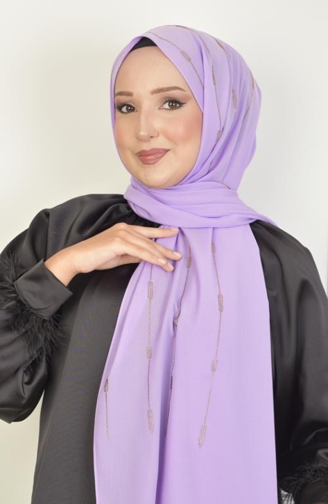 BURDEN İPEK - Çizgi Taşlı Şifon Şal Lila