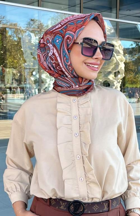 BURDEN İPEK - Comfy Soft Desenli Eşarp Kızıl Kahve