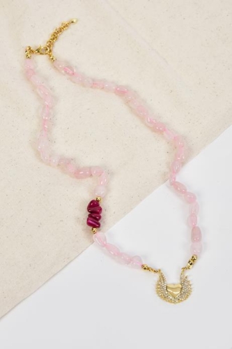 BURDEN İPEK - Doğal Pembe Kuvars Taşı Kanat Kalp Kolye