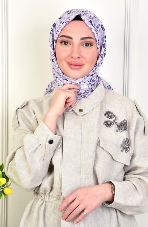 BURDEN İPEK - Ellen Cotton Knee Lily Patterned Scarf Purple
