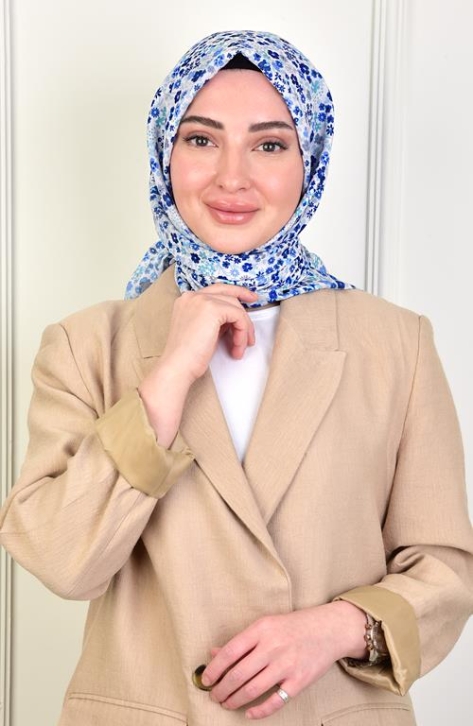 BURDEN İPEK - Ellen Cotton Krash Lily Patterned Scarf Navy Blue