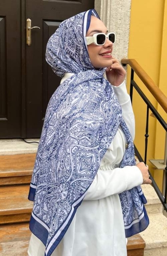 BURDEN İPEK - Etnik Desenli Soft Şal Beyaz Lacivert