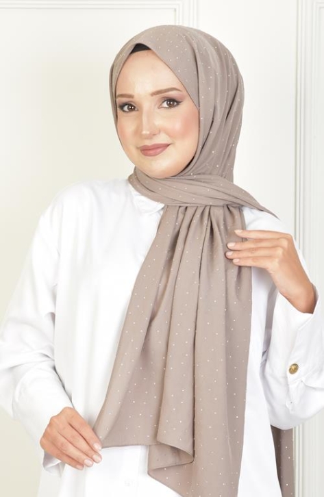 BURDEN İPEK - Full Taşlı Şifon Şal Açık Toprak