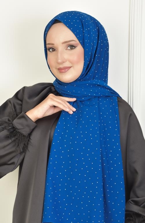 BURDEN İPEK - Full Taşlı Şifon Şal Saks BURDEN İPEK - Full Taşlı Şifon Şal Saks