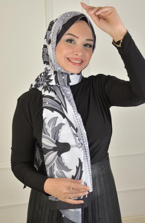 BURDEN İPEK - Gala Desenli Soft Şal Beyaz Siyah