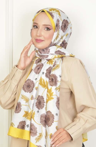 BURDEN İPEK - Krizantem Soft Pamuksu Desenli Şal Altuni Sarısı