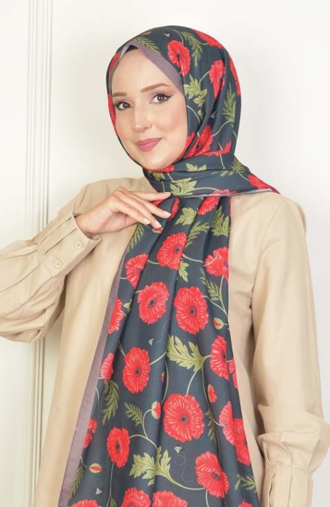 BURDEN İPEK - Krizantem Soft Pamuksu Desenli Şal Antrasit