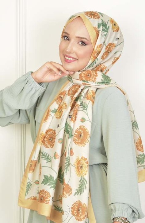 BURDEN İPEK - Krizantem Soft Pamuksu Desenli Şal Karamel