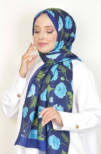 BURDEN İPEK - Krizantem Soft Pamuksu Desenli Şal Lacivert
