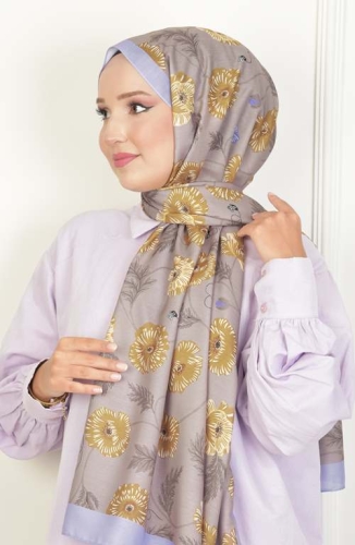 BURDEN İPEK - Krizantem Soft Pamuksu Desenli Şal Lila
