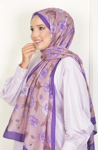 BURDEN İPEK - Krizantem Soft Pamuksu Desenli Şal Mor