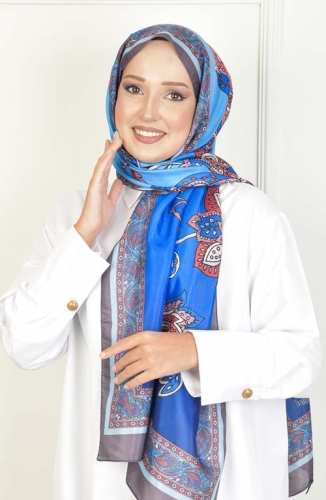 BURDEN İPEK - Lale Vual Desenli Şal Mavi