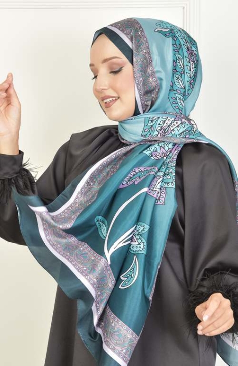 BURDEN İPEK - Lale Vual Desenli Şal Petrol