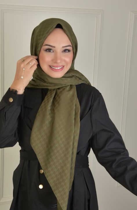 BURDEN İPEK - Large Size Colourway Houndstooth 120 cm Scarf Dsn-9 Khaki