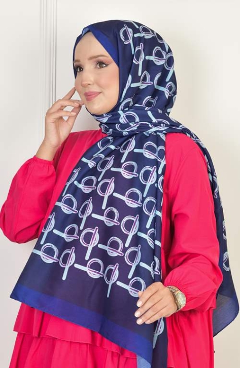 BURDEN İPEK - Monogram Soft Pamuksu Desenli Şal Lacivert BURDEN İPEK - Monogram Soft Pamuksu Desenli Şal Lacivert