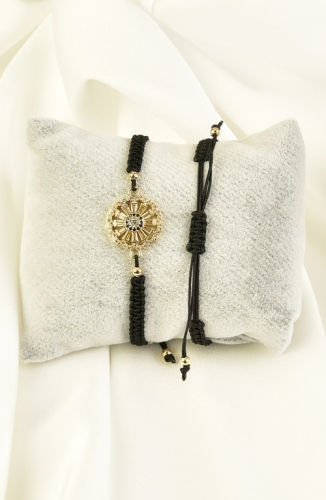 BURDEN İPEK - Örme İp Bileklik Çiçekli Siyah