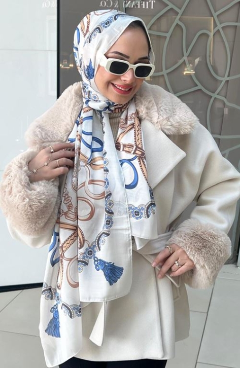BURDEN İPEK - Premium İthal Püskül Desenli Şal Krem - Mavi