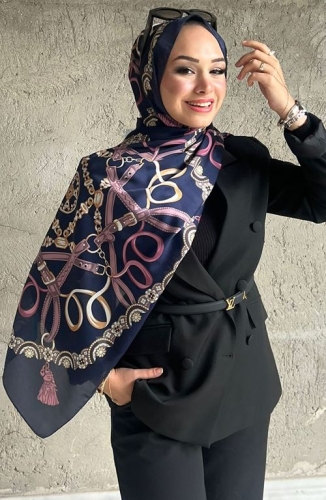 BURDEN İPEK - Premium İthal Püskül Desenli Şal Lacivert - Pembe