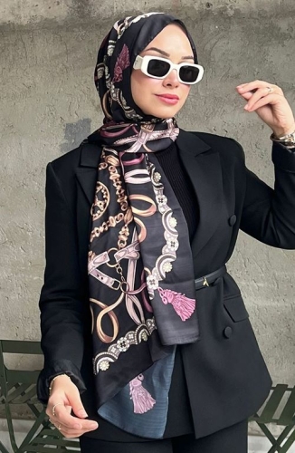 BURDEN İPEK - Premium İthal Püskül Desenli Şal Siyah - Pembe