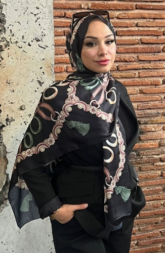 BURDEN İPEK - Premium İthal Püskül Desenli Şal Siyah-Yeşil