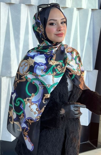 BURDEN İPEK - Premium İthal Zincir Desenli Şal Siyah - Mor