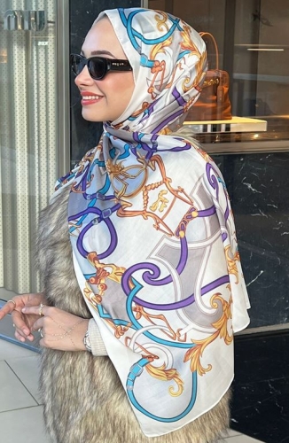 BURDEN İPEK - Premium İthal Zincir Desenli Şal Krem - Mor