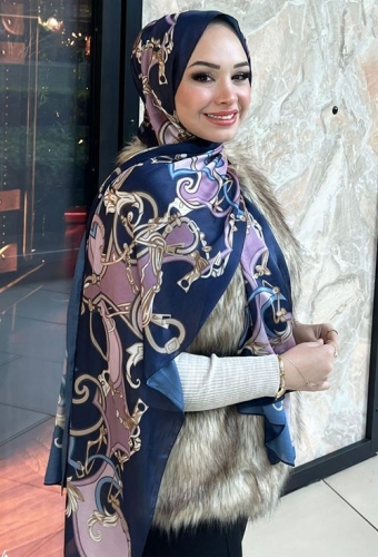 BURDEN İPEK - Premium İthal Zincir Desenli Şal Lacivert