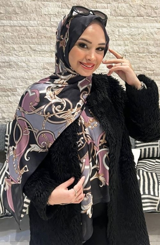 BURDEN İPEK - Premium İthal Zincir Desenli Şal Siyah - Pudra