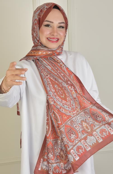 BURDEN İPEK - Retro Vual Desenli Şal Koyu Kiremit